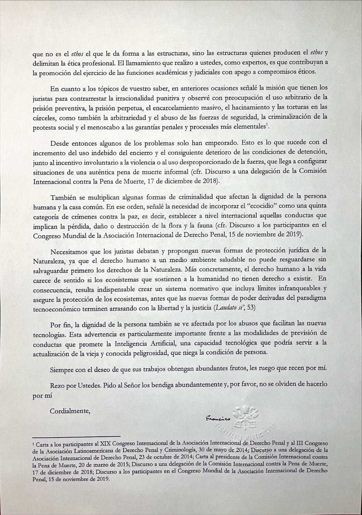 Carta del papa Francisco a profesores argentinos de Derecho Penal