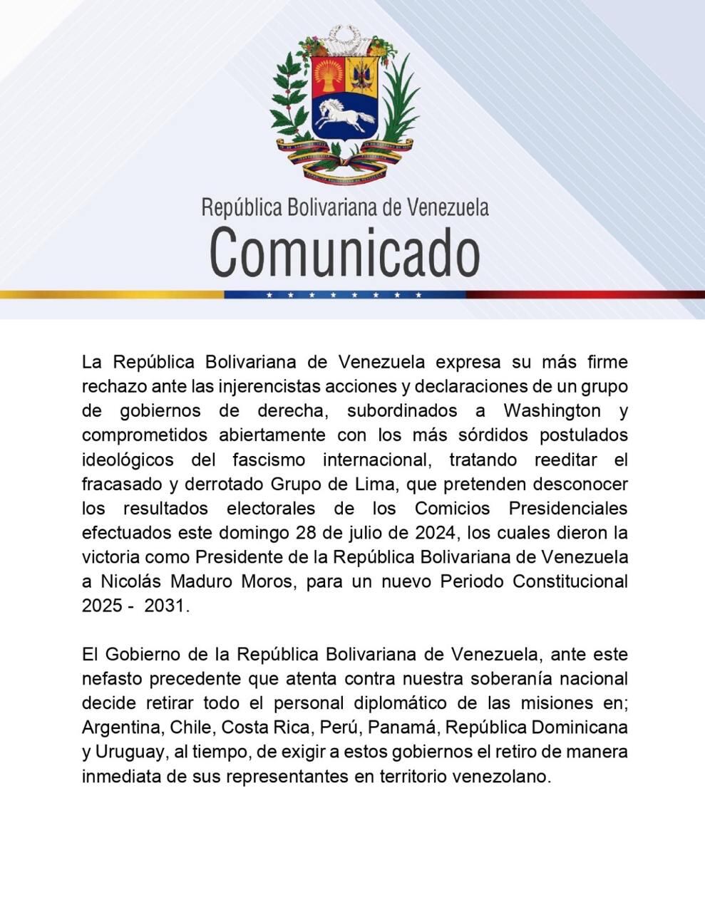 La administración de Nicolás Maduro ordena el retiro del personal diplomático de Argentina, Chile, Costa Rica, Perú, Panamá, República Dominicana y Uruguay.