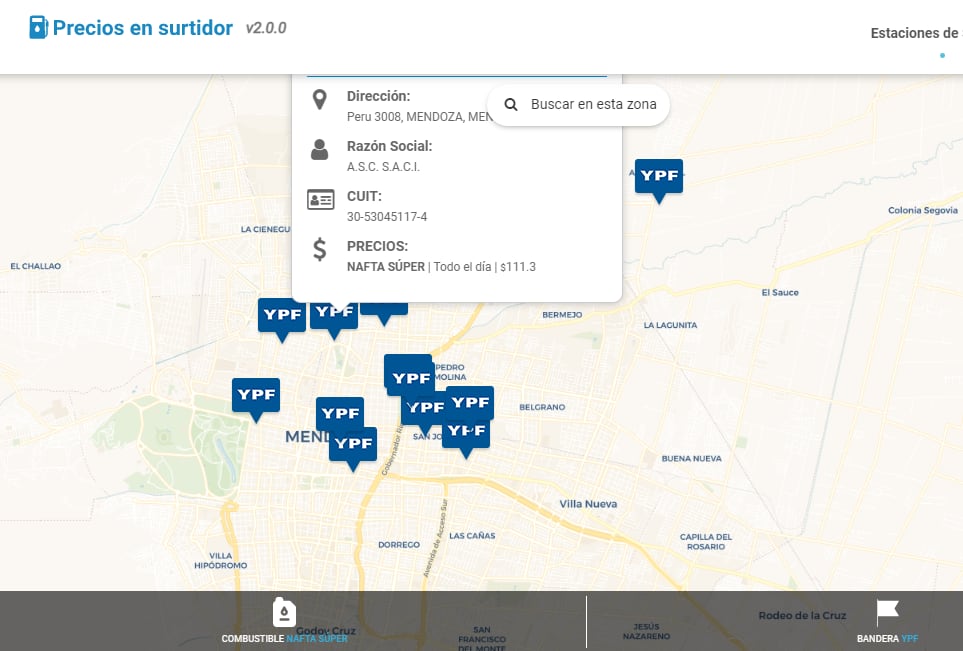 Precio de la nafta súper de YPF en el Gran Mendoza, 14 de marzo de 2022. (Precios en surtidor)