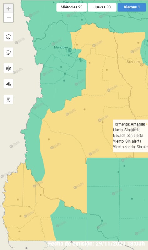 Mapa del Servicio Meteorológico Nacional para este viernes 01/12/2023.