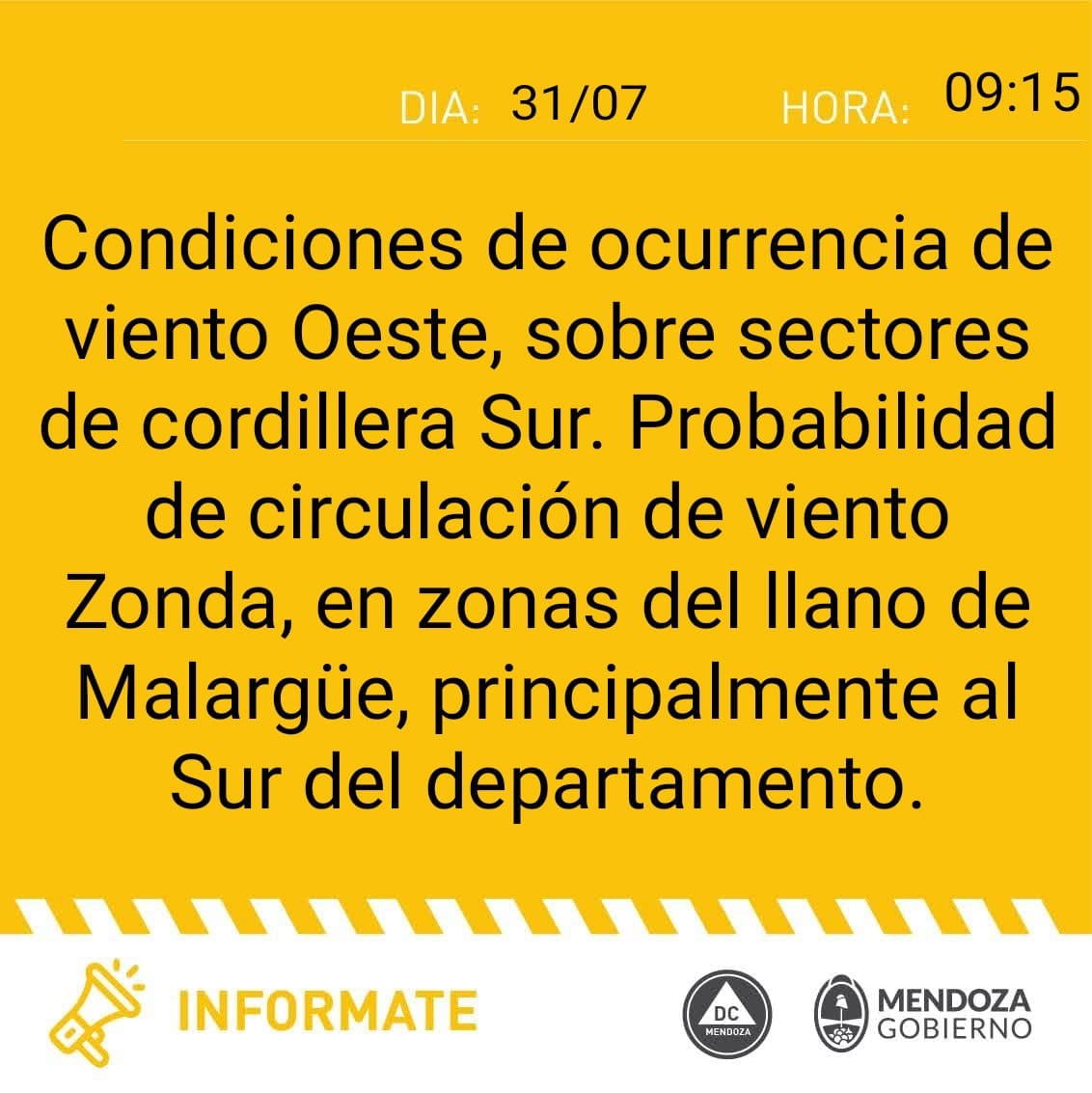 Alerta por Zonda en Malargüe (Defensa Civil)