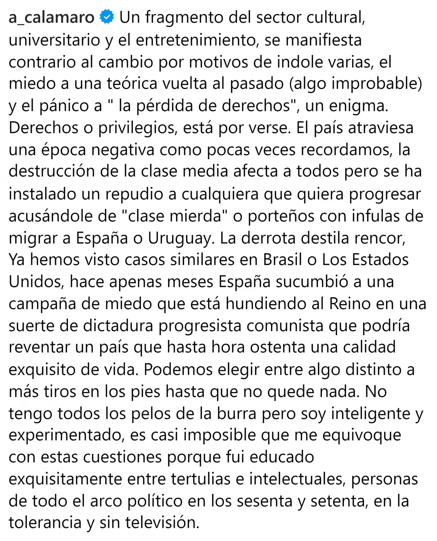 Andrés Calamaro se pronunció a favor de Javier Milei de cara al balotaje. Gentileza: Captura Instagram/a_calamaro.