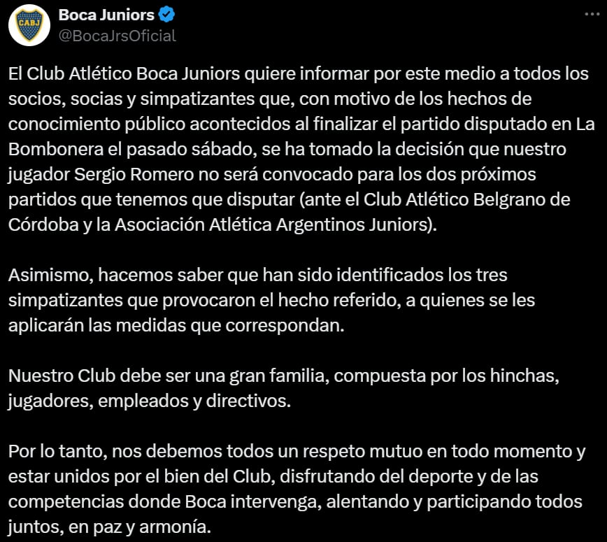 El comunicado de Boca sobre la sanción a Chiquito Romero. Captura: X / @BocaJrsOficial