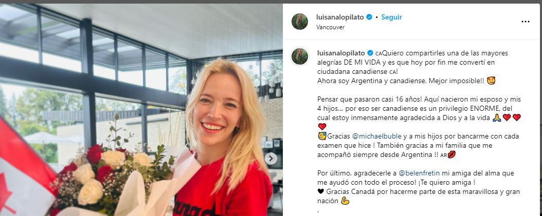 La actriz manifestó su alegría al conseguir la nacionalidad canadiense.