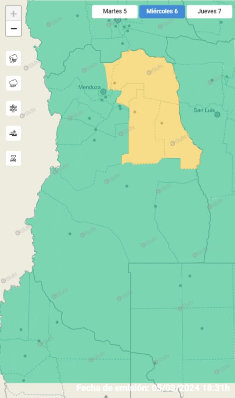 Alerta amarillas por tormentas en Mendoza para el miércoles 6 de marzo. Foto: Servicio Meteorológico Nacional