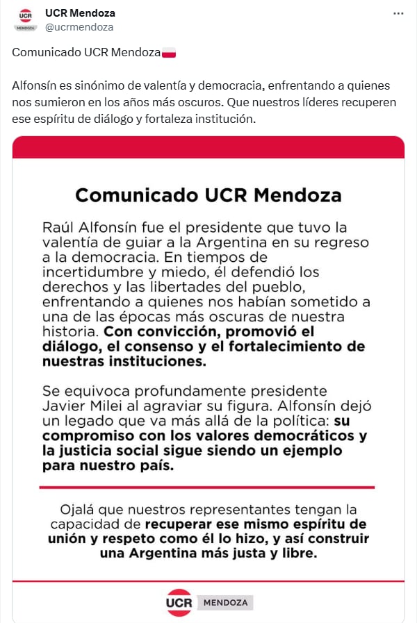 El radicalismo mendocino criticó a Milei.