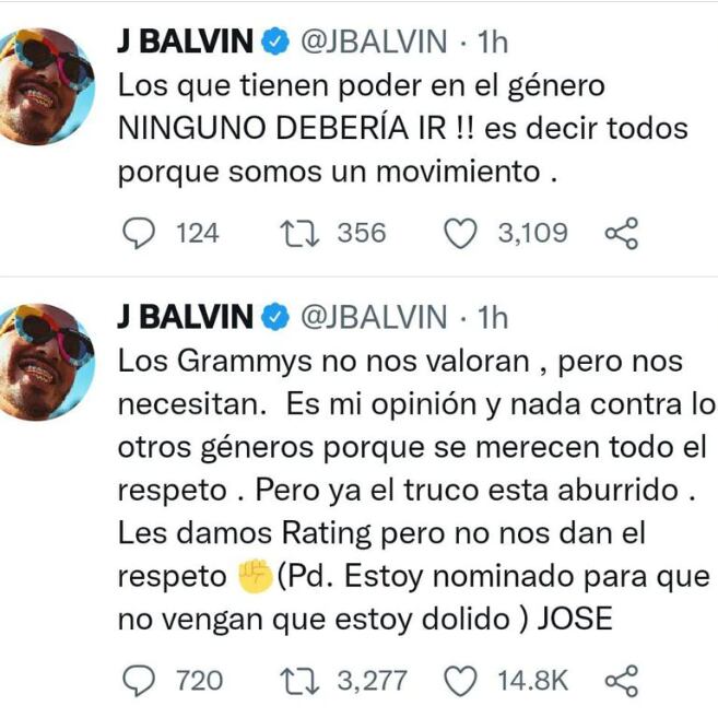 Los tweets de J Balvin que más tarde fueron eliminados por el cantante.