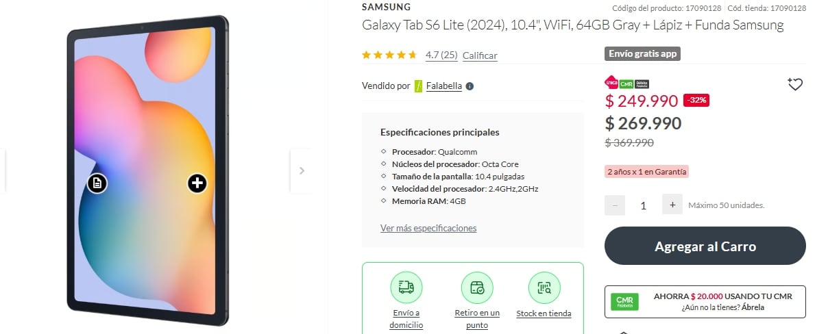 La tienda de Falabella ofrece una tablet Samsung Galaxy Tab S6 Lite a un precio promocional de $249.990 chilenos.