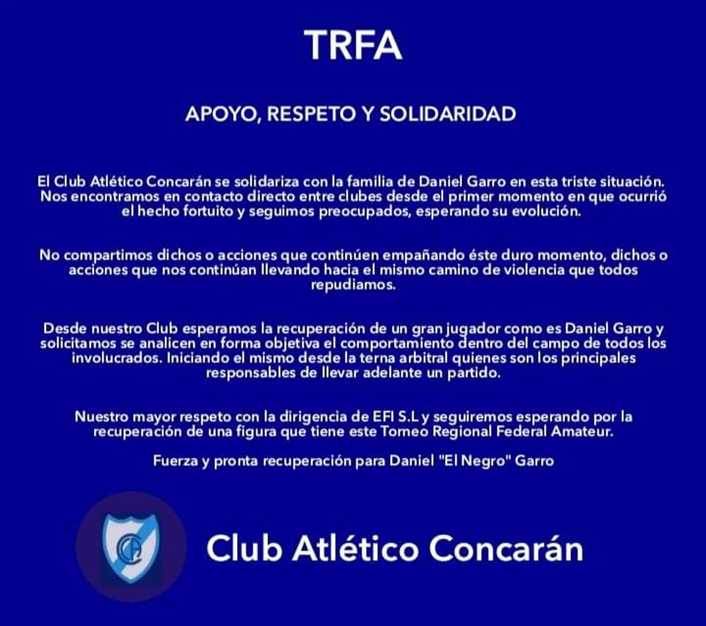 Comunicado del Club Atlético Concarán: apoyo, respeto y solidaridad.