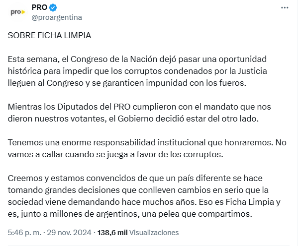 Desde el PRO criticaron al Gobierno nacional por la falta de quórum en la sesión para tratar Ficha Limpia.