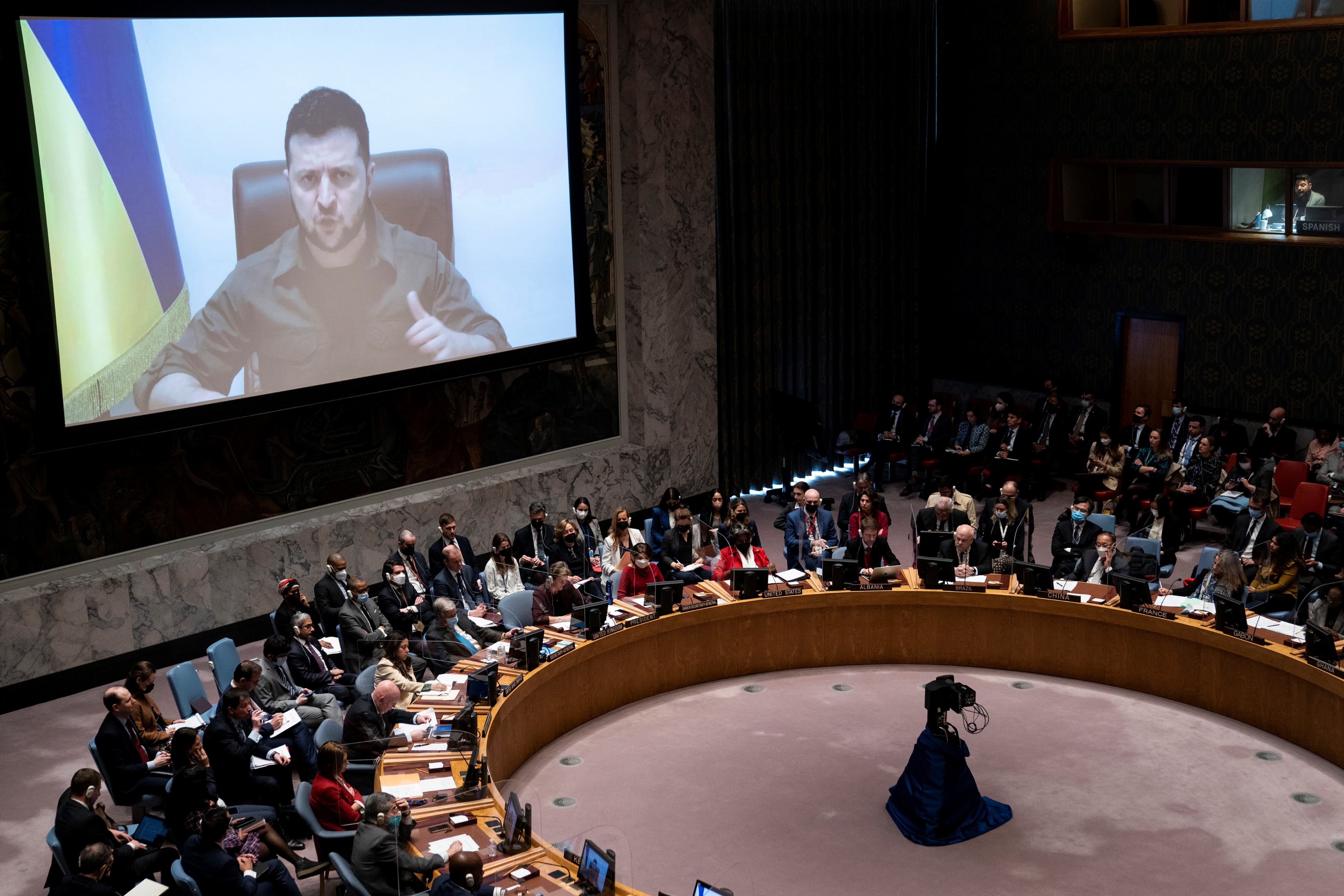 El presidente ucraniano Volodimir Zelenski ante la ONU. (AP)