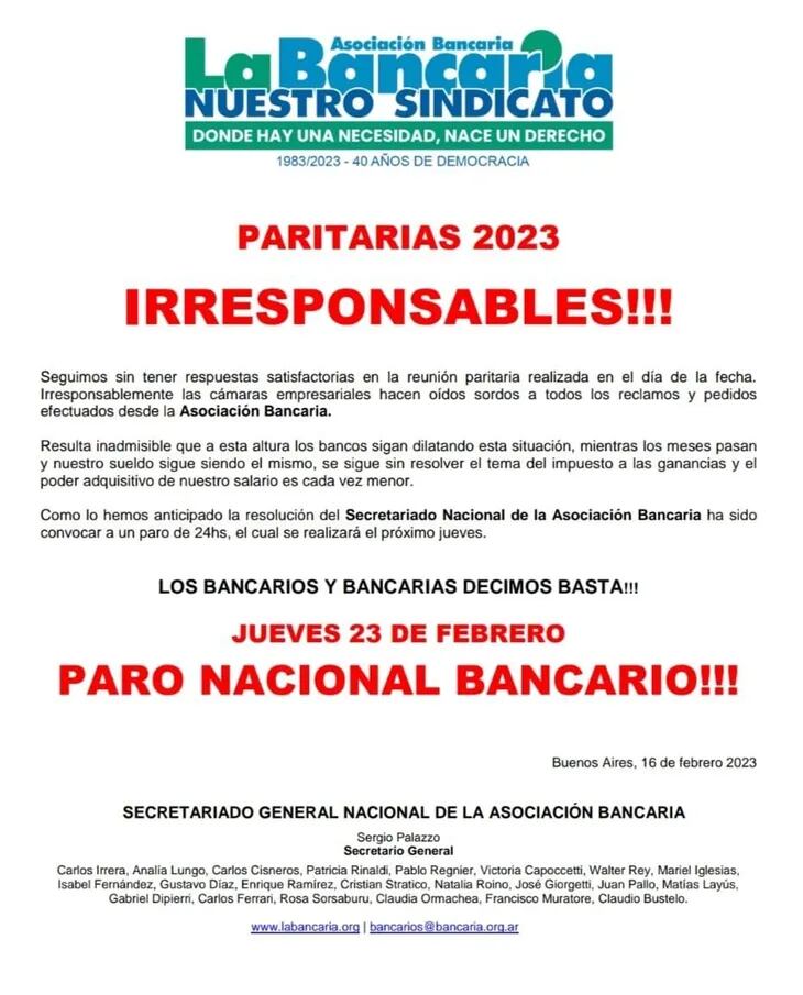 Comunicado oficial de La Bancaria.