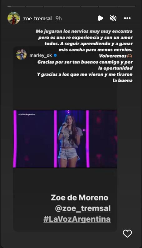 Zoe agradeció el apoyo tras su presentación en La Voz