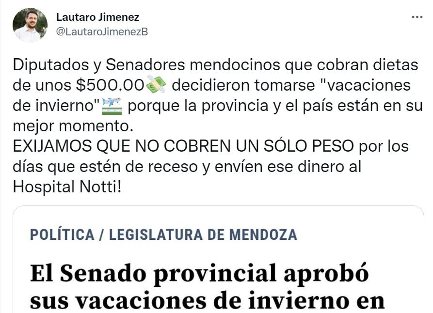 El ex legislador Lautaro Jiménez pide la donación del dinero de las vacaciones de los legisladores al Hospital Notti.