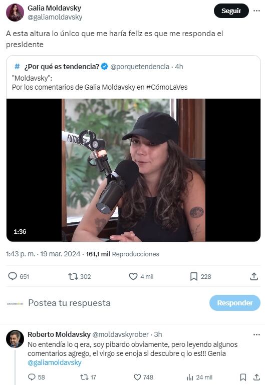 La respuesta de Galia Moldavsky al viral en el que califica a Milei de "virgo". Foto: Captura