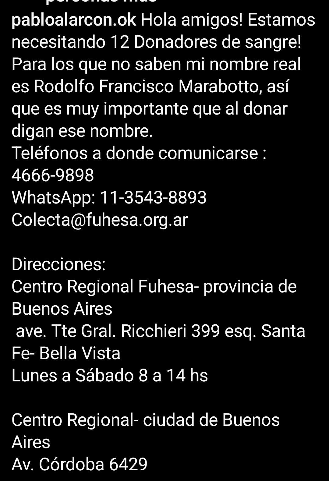 La información que compartió el actor para quienes puedan ir a donar sangre a su nombre.Foto: Pablo Alarcón en Instagram / X.