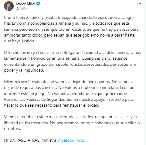 El extenso mensaje de Javier Milei en X tras el asesinato del playero en Rosario. Gentileza: Captura X @JMilei.