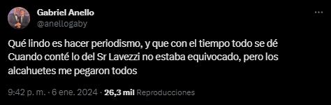 El tuit de Gabriel Anello. Foto: captura.