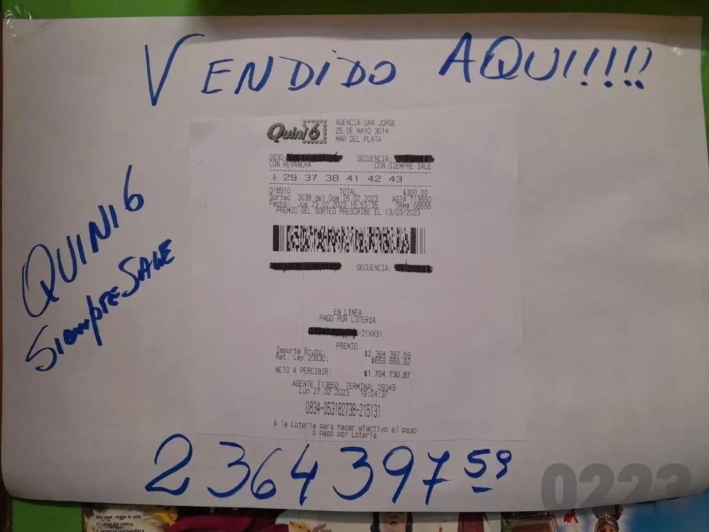 El Quini 6 vendido en Mar del Plata. Foto: 0223