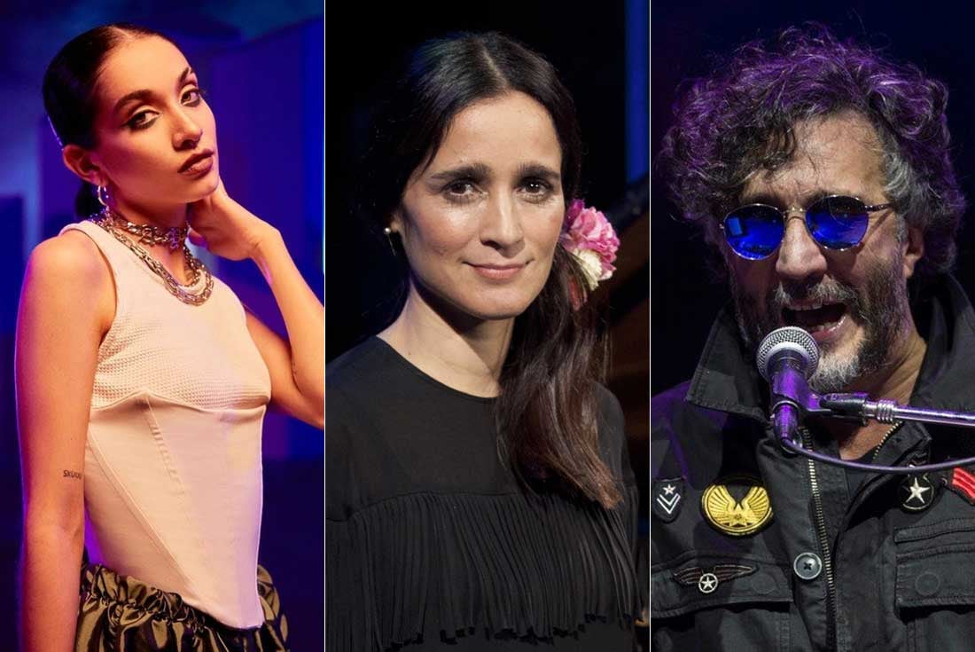 María Becerra, Julieta Venegas y Fito Páez. Tres nombres potentes de la grilla de Cosquín Rock 2022. (Clarín y AP)