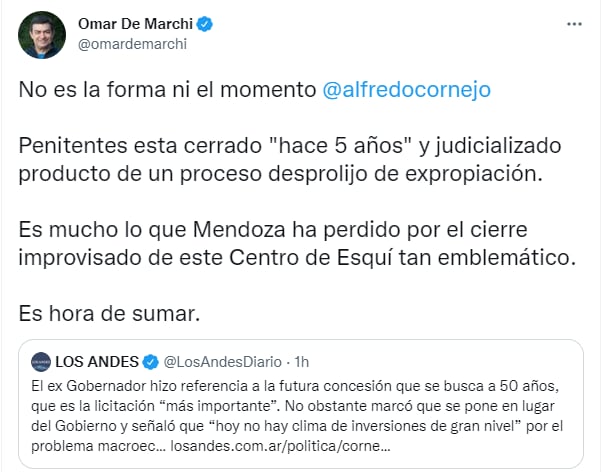 El diputado nacional Omar De Marchi criticó al senador nacional Alfredo Cornejo por Penitentes.