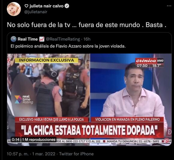 Julieta Nair Calvo pidió que Azzaro "esté fuera de la tv y el mundo"