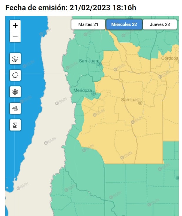 Alerta amarilla por tormentas para el miércoles 22 de febrero. Foto: SMN