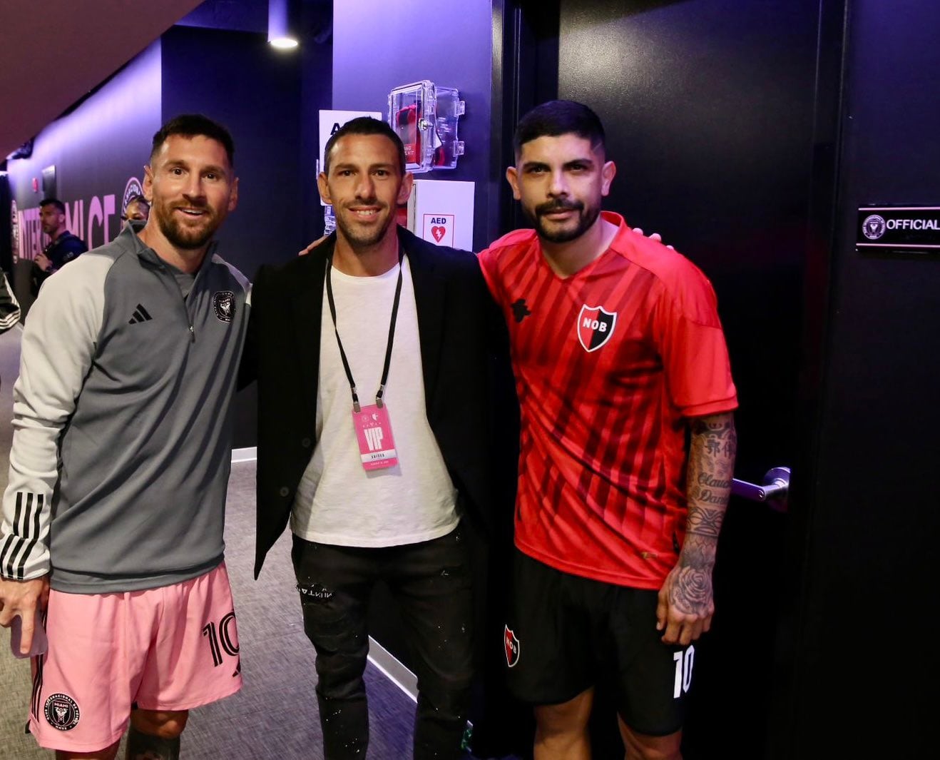 Messi, Rodríguez y Banega tras el partido entre Newell's e Inter Miami. Foto: X / @MR11ok