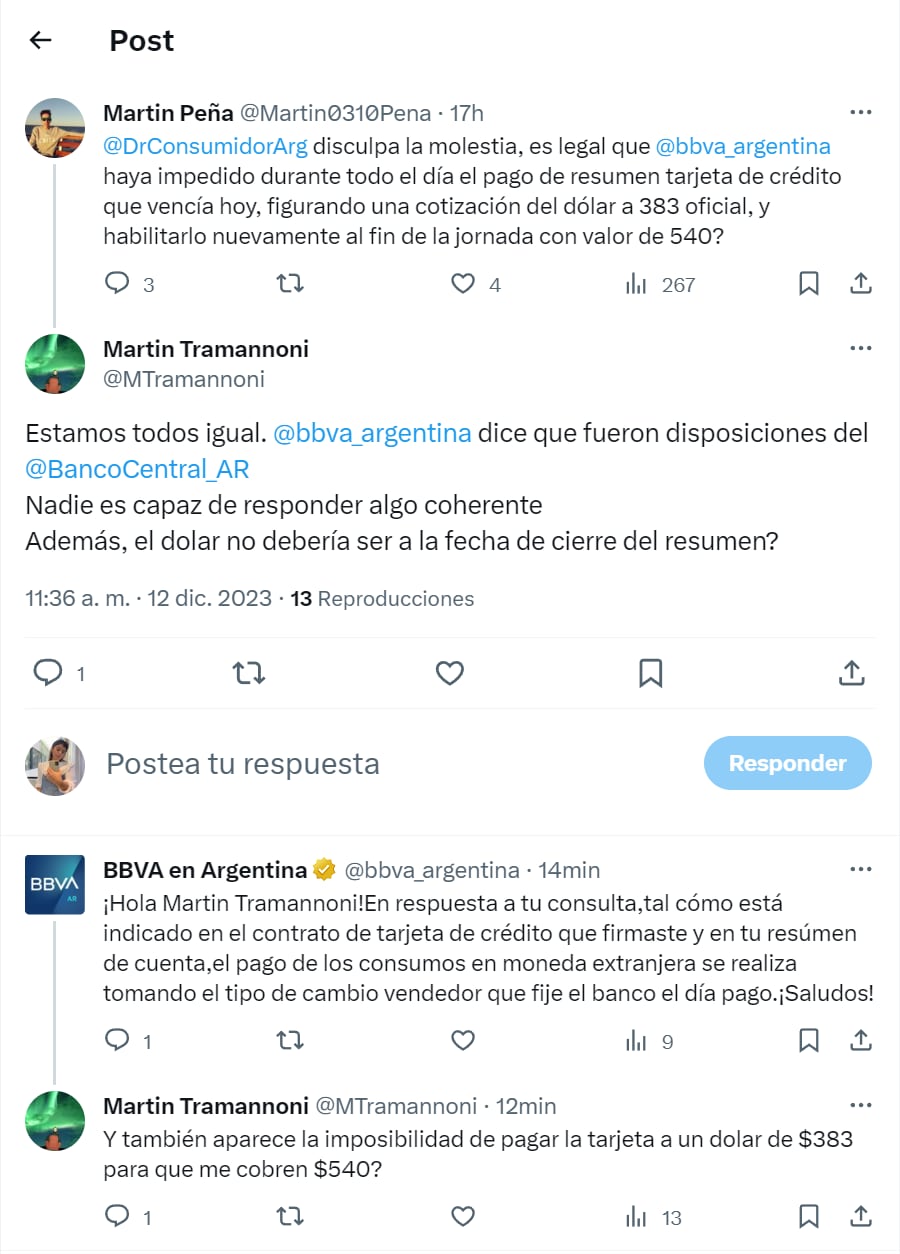 Hilo de X (ex twitter) sobre el pago de tarjeta.