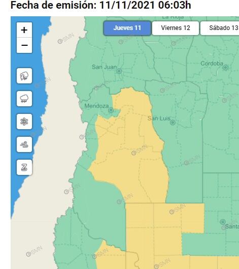 Sigue el alerta amarillo por tormentas en Mendoza (jueves 11) - SMN 