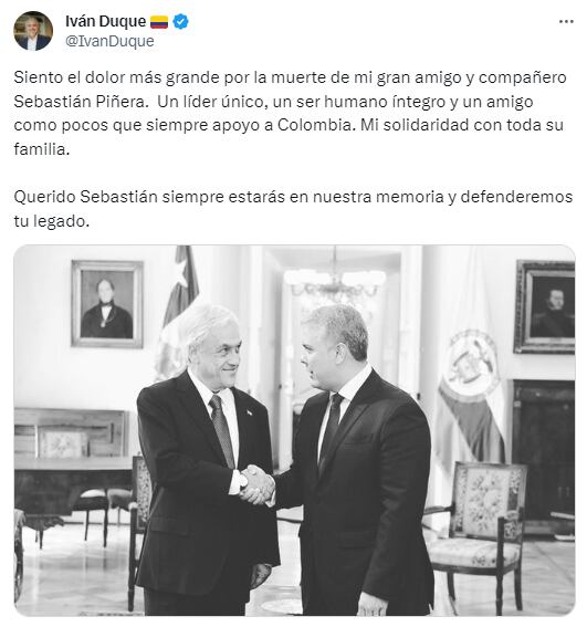 Líderes políticos y expresidentes enviaron sus condolencias por el fallecimiento de Sebastián Piñera - X