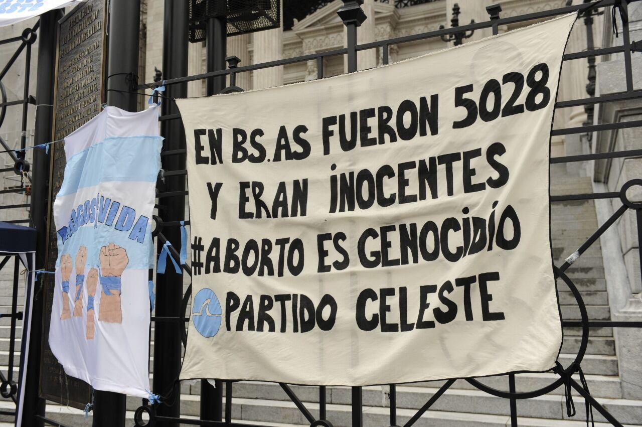 Algunos manifestantes colocaron carteles y pancartas en las rejas del congreso nacional para demostrar su rechazo a la ley.