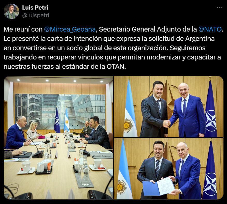 Argentina y su solicitud de ser parte de la OTAN. Captura: X / @luispetri