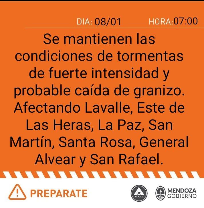 Alerta naranja por tormentas con granizo en Mendoza.