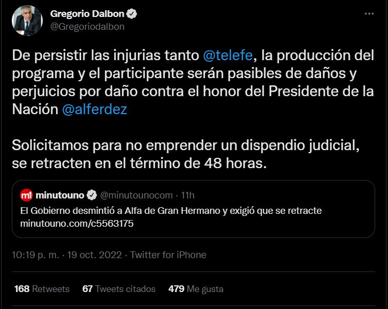 Desde presidencia amenazaron a la producción de Gran Hermano por los dichos de "Alfa"