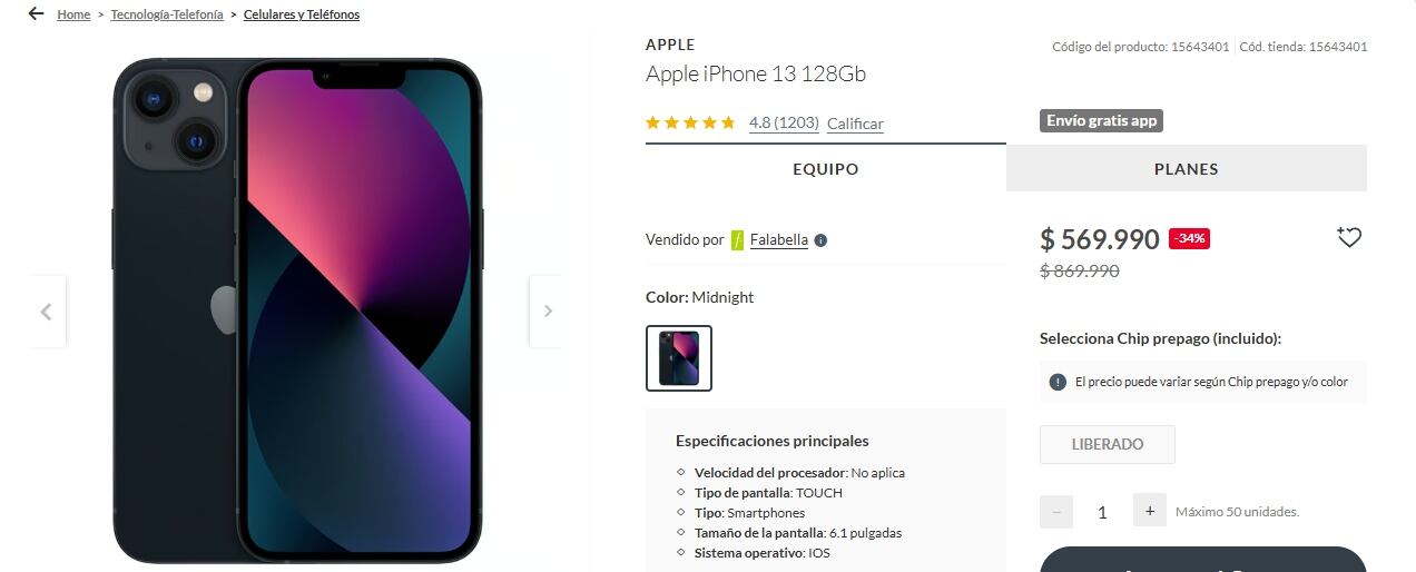 La tienda de Falabella ofrece un iPhone 13 con 128GB a un precio promocional de $569.990 chilenos, gracias a un descuento del 34%.