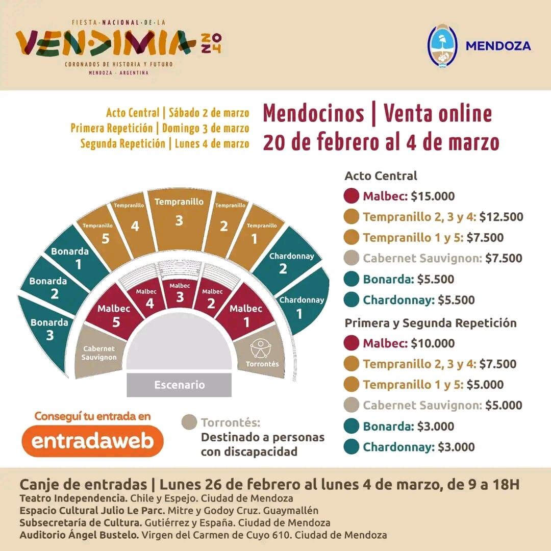 Anunciaron precios y fechas de venta de entradas para mendocinos para la Fiesta Nacional de la Vendimia.