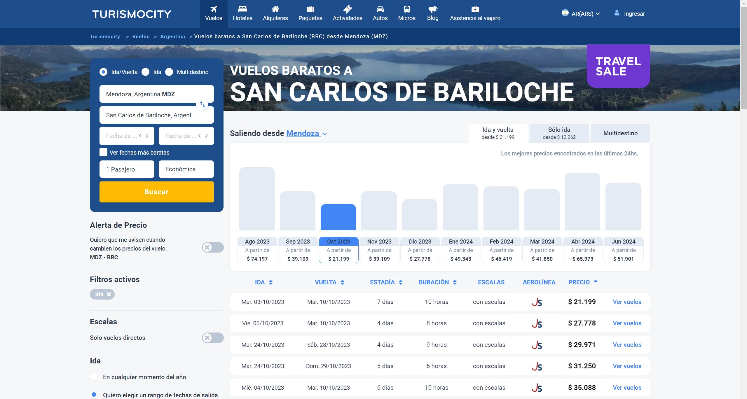 Ofertas a Bariloche desde Mendoza. Captura de pantalla.