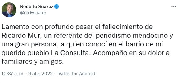 El mensaje del gobernador Rodolfo Suárez para despedir a Ricardo