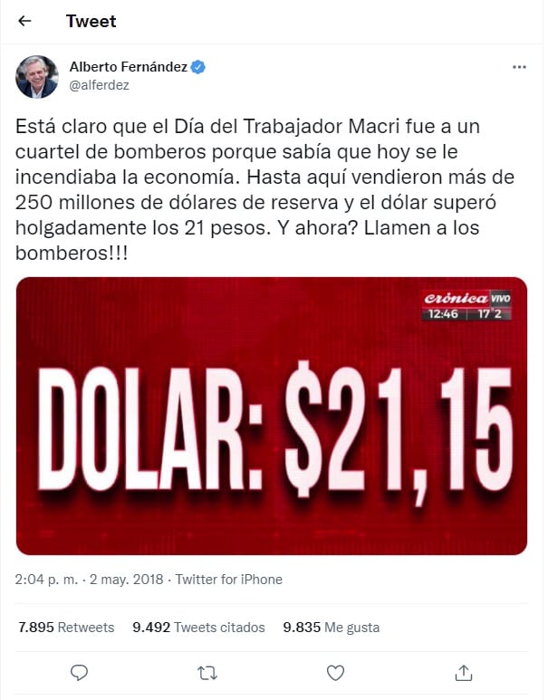 Alberto Fernández, indignado en 2018 porque el dólar cotizaba a $21,15 - Captura Twitter 