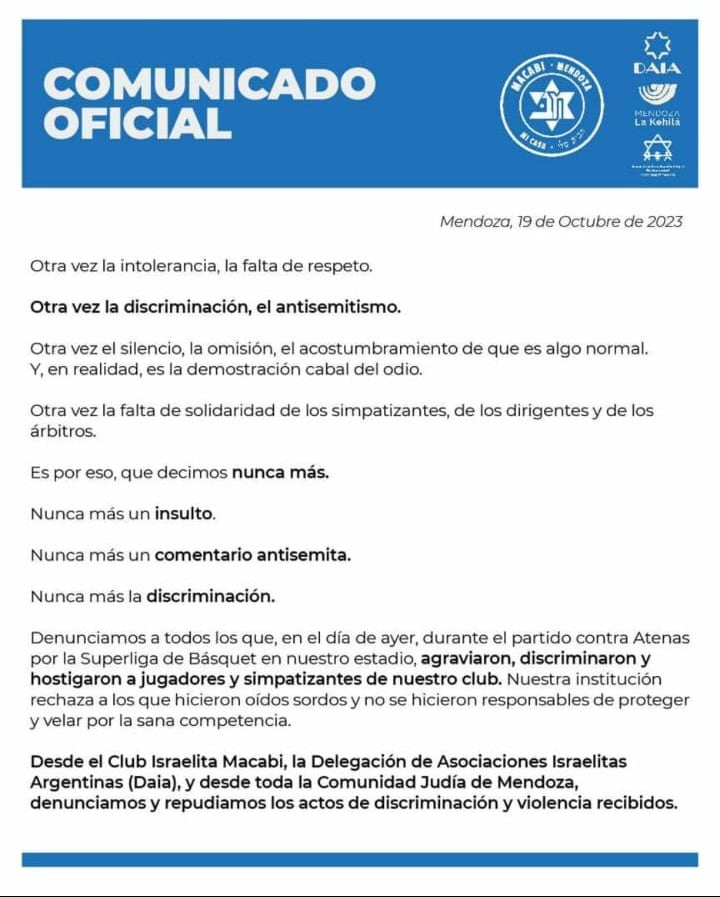 El comunicado del Club Israelita Macabi.