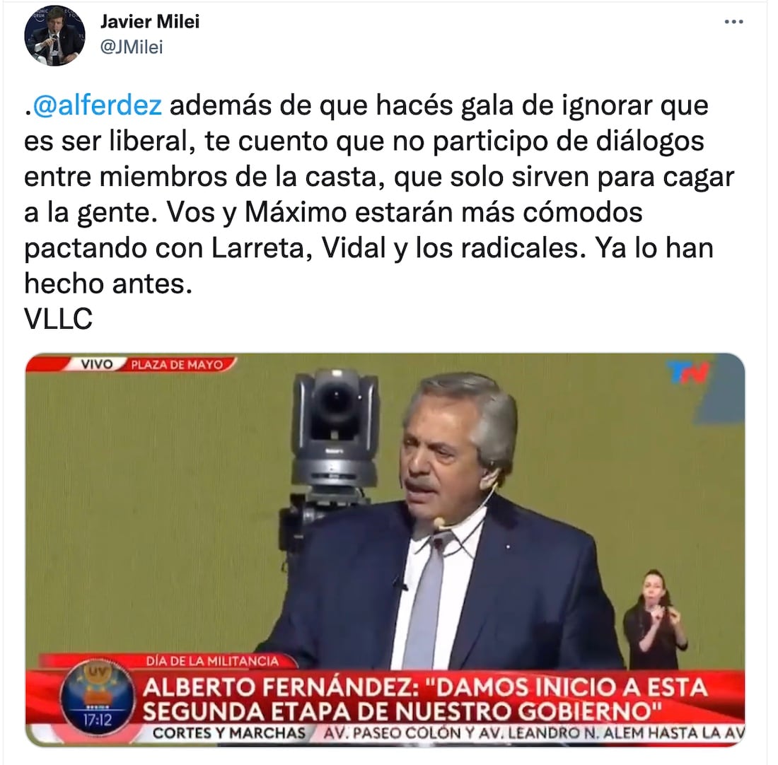 El ahora diputado liberal Javier Milei le respondió por Twitter a Alberto Fernández la crítica por no querer sumarse al diálogo.