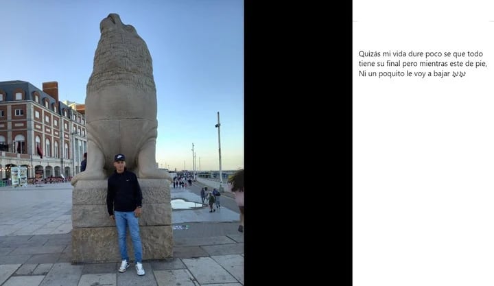 Facebook de Rodrigo Manuel Yugar. En Mar del Plata, el "Chapu" subió una foto con un pasaje de una canción del rapero puertorriqueño Farruko. (Gentileza Clarín)