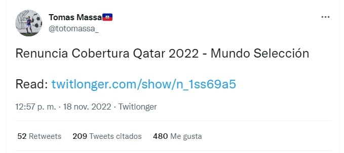 La renuncia de Tomás Massa, el hijo de Sergio, a la cobertura del Mundial Qatar 2022 (Twitter)