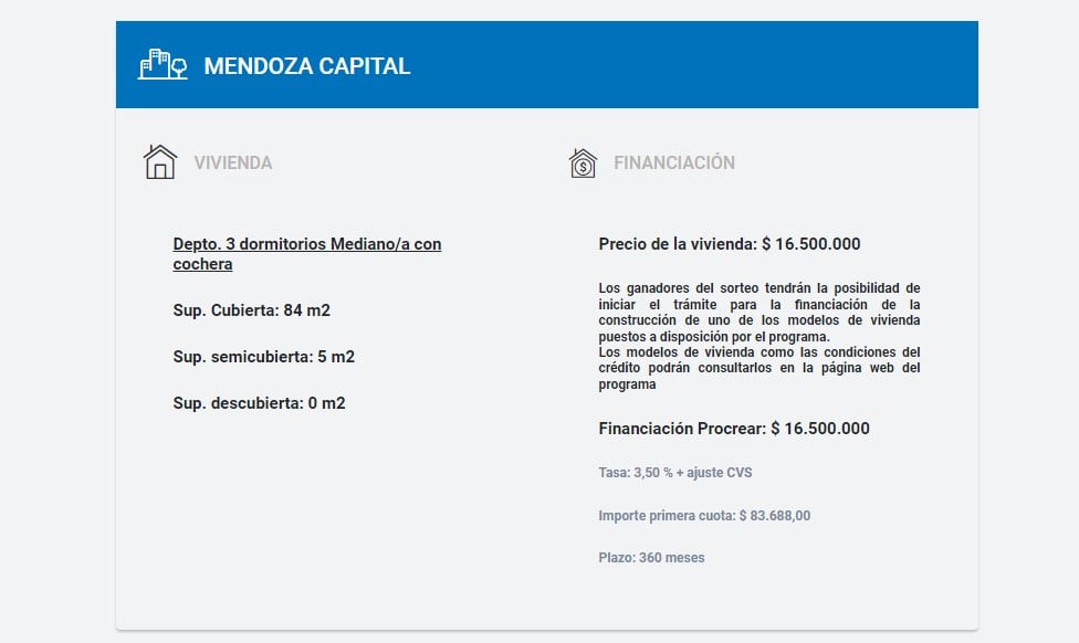 Precio de la vivienda: $ 16.500.000
Simulación con una tasa de 3,50 % + ajuste CVS- Importe primera cuota: $ 83.688,00
Plazo: 360 meses