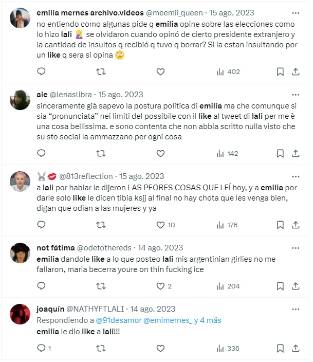 Reacciones de fans de Emilia Mernes, en ese agosto, que testimonian que el like de Emilia ocurrió