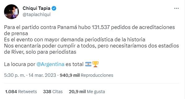 Chiqui Tapia vía Twitter. Foto: Captura de pantalla.