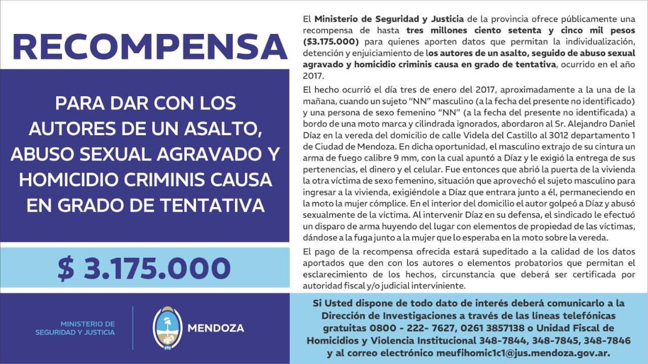 El aviso oficial de la recompensa por la entradera que terminó con un abuso sexual.