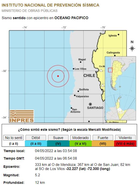 Sismo en el Pacífico se sintió en Mendoza. Foto: Web Inpres.