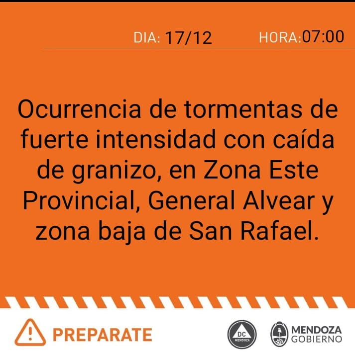 Alerta naranja por tormentas en Mendoza.